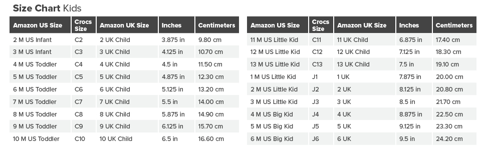 size chart, kids