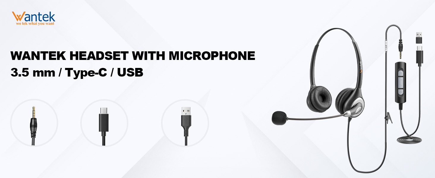 USB Headset with Microphone for PC Wired Headphones