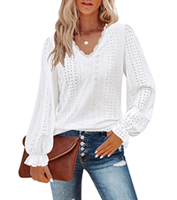 Womens Lace V Neck Puff Long Sleeve Tops