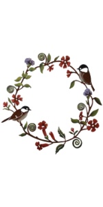 11.8 Inch Metal Chickadees Flowers Wreath Wall Art, Birds Garland Metal Hanging Decor