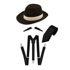 Lizzy 1 x Black Al Capone Gangster Hat with Pencil Moustache Black Tie + Black Braces | 1920’s Pimp Gangster Fancy Dress Accessories