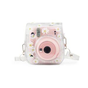 Clear Camera Case for Fujifilm Instax Mini 12/11/9/8 Instant Camera with Adjustable Shoulder Straps (Transparent Daisy)