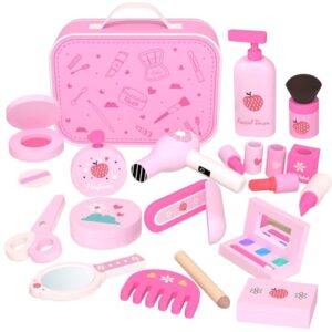 GAGAKU Wooden Makeup Set Kids Pretend Makeup Sets Wooden Toy Kit Montessori Fake Makeup Play Dress Up Kit with Hair Dryer Mirror for Toddler Children Little Girls Perfume Gifts Ages 3 +