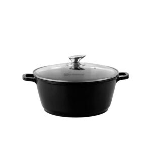 SQ Professional NEA Die-Cast Aluminium Stockpot with 3-Layer Non-Stick Coating Stew Pots Induction Casserole Pan Tempered Glass Lid with Steam Vent (Black