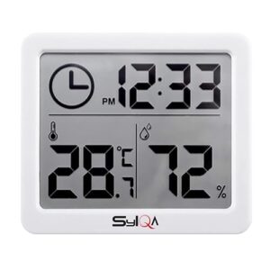 SYLQA Room Thermometer with Clock - Smart Mini Thermometer & Hygrometer -Digital Room Humidity and Temperature Monitor with Easy-to-Read Display - Perfect for Home