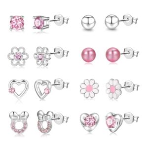 6 Pairs Huggie Hoop Earrings for Girls 925 Sterling Silver Stud Sets Cute Kids Heart Hoops Tiny Cubic Zirconia Flower Stud Small Hypoallergenic Cartilage Sleeper Earrings for Teen Toddler Childs Wome