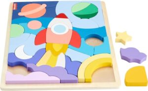 Fisher-Price Preschool Toy Wooden Space Jigsaw Puzzle with Stacking Blocks