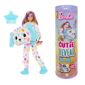 Barbie Cutie Reveal Doll & Accessories with Rainbow Dalmatian Plush Costume & 10 Surprises Including Color Change