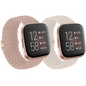 BXKM 2 Pack Braided Solo Loop Straps Compatible with Fitbit Versa 2/Versa/Versa Lite/Versa SE for Women