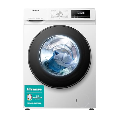 Hisense WFQA1214EVJM Freestanding 12 KG Front Load Washing Durable Inverter Machine Steam Wash Quick Wash 15 Washing Programs 1400 RPM White Energy Rating A            [Energy Class A]