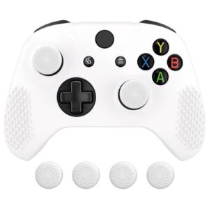 eXtremeRate PlayVital Soft Anti-Slip White Silicone Controller Cover Skins for Xbox One X Controller and Black Thumb Grips Caps Protective Case for Xbox One X S Controller - Controller NOT Included