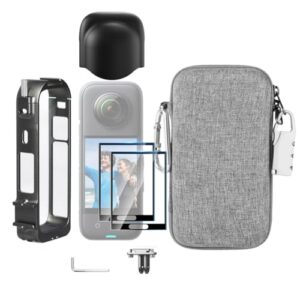 LEWOTE 7in1 Compatible with Insta360 X4 Accessories Kit[Aluminium Protective Frame Cage&Silicone Cap][2Pcs 3D Screen Protector Film][Carrying Case Bag with Auto Locking Carabiner and Anti-loss Lock]