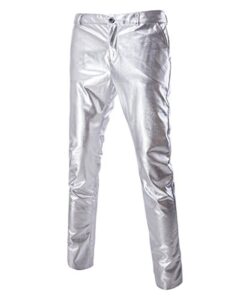 Mens Casual Trousers Leather Metallic Shiny Gold Silver Golf Straight Nightclub Cosplay Trouse