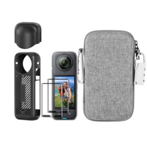 LEWOTE 7in1 Accessories Kit Compatible with Insta360 X4 [Silicone Camera Case Cover and Lens Cap][2Pcs Screen Protector Film][Outdoor Carrying Case with Locking Carabiner and Anti-loss Lock] (Black)
