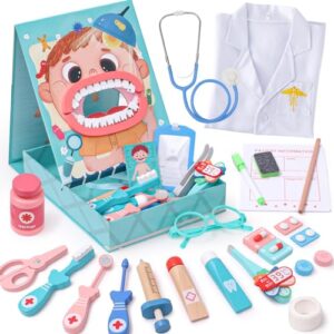 Atoylink Doctors Set for Kids with Wooden Dentist Toys Doctor Dress Up Costume Medical Doctor Playsets Body Cognition Wooden Educational Toy Pretend Play Gifts for Kids Girls Boys 3 4 5 6 Years (Blue)