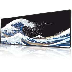 Gaming Mouse Pad Japanese Sea Wave Extended Large Mouse Pad 80 x 30 cm Soft Smooth Surface Washable with Anti-Slip Rubber Base Desk Pad for Keyboard and Mouse for Office & Home.