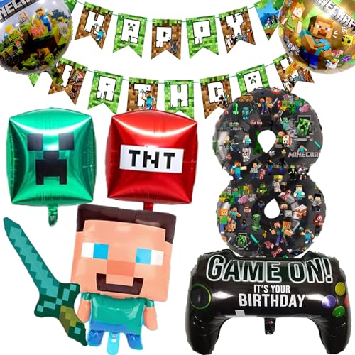 8th Gaming Birthday Decorations 8 Year Happy Birthday Balloon Banner Foil Balloons for Boy Birthday Balloons Cartoon Supplies Gaming Theme Party Supplies Decoratio