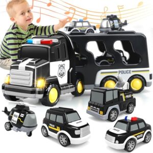 Britik Toys for 3-8 Years Old Boys Kids:Police Truck Toys Set Gifts for 2 3 4 5 6 7 8 Year Old Boy Birthday Toy for Kids Toddler Age 1-6 Little Toot Construction Car Toy Transporter Garage