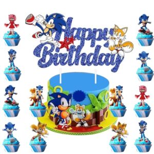 13 PCS Blue Sonic Birthday Cake Decoration Sonic Cupcake Toppers Happy Birthday Sonic Cake Topper Cartoon Theme Party Cupcake Toppers Decorating for Kids Baby Shower Boys Girls Party