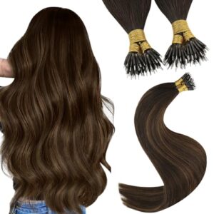 YoungSee Nano Beads Hair Extensions Balayage 18 inch Nano Ring Extensions Brown Balayage Real Hair Nano Human Hair Extensions Dark Brown Ombre Brown Nano Tip Hair Extensions Real Human Hair 1g/s 50g