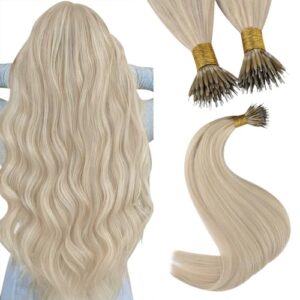 YoungSee Nano Ring Hair Extensions Blonde Nano Remy Hair Extensions Warm Ash Blonde Highlights Bleach Blonde Real Hair Extensions Nano Beads Cold Fusion Nano Loop Hair Extensions Blonde 20inch 50s 50g