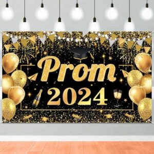 Qpout Prom 2024 Backdrop Black Gold Graduation Prom Night Class of 2024 Background Banner for Indoor Outdoor Grad University Student Graduation Prom Party Decorations