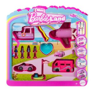 Barbie Mini BarbieLand 4-Pack Doll & Toy Vehicle Set with 4 1.5-inch Barbie Dolls & 4 Iconic Toy Vehicles with Color-Change Surprise