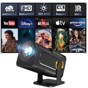 Smart Mini Projector XGODY Gimbal5 Android 11 Full HD Projector Native 1080P 4K Support 5G WiFi 6 Bluetooth 5.0 Home Movie Projector Electric Focu Auto Keystone 180 Rotating For PC/Lap/PS5 Dull Black