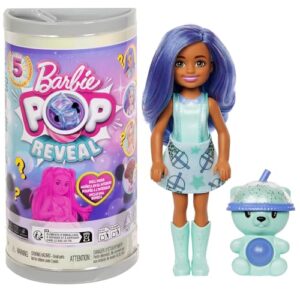 Barbie Chelsea Pop Reveal Bubble Tea Series Doll with Tea Can-Inspired Package & 5 Surprises Including Scented Small Doll & Pop-It Pet (Styles May Vary)