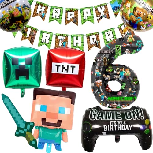 6th Gaming Birthday Decorations 8 Year Happy Birthday Balloon Banner Foil Balloons for Boy Birthday Balloons Cartoon Supplies Gaming Theme Party Supplies Decoratio