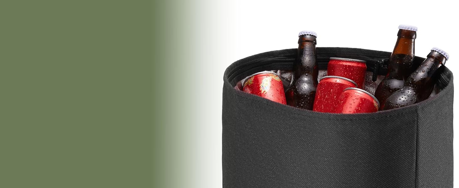 top of backpack with cold cans and bottles poking out