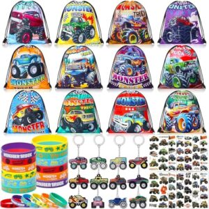 amei Monster Truck Party Bag Fillers for Kids 48PCS Boys Party Bag Fillers with Drawstring Gift Bags Silicone Wristbands Keychains Temporary Tattoos Pinata for Kids Parties