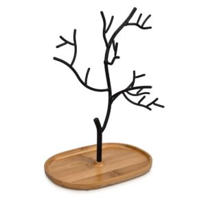 Navaris Metal Jewellery Tree Stand - Organiser Hanger Display Holder with Wooden Dish Base to Store Necklaces