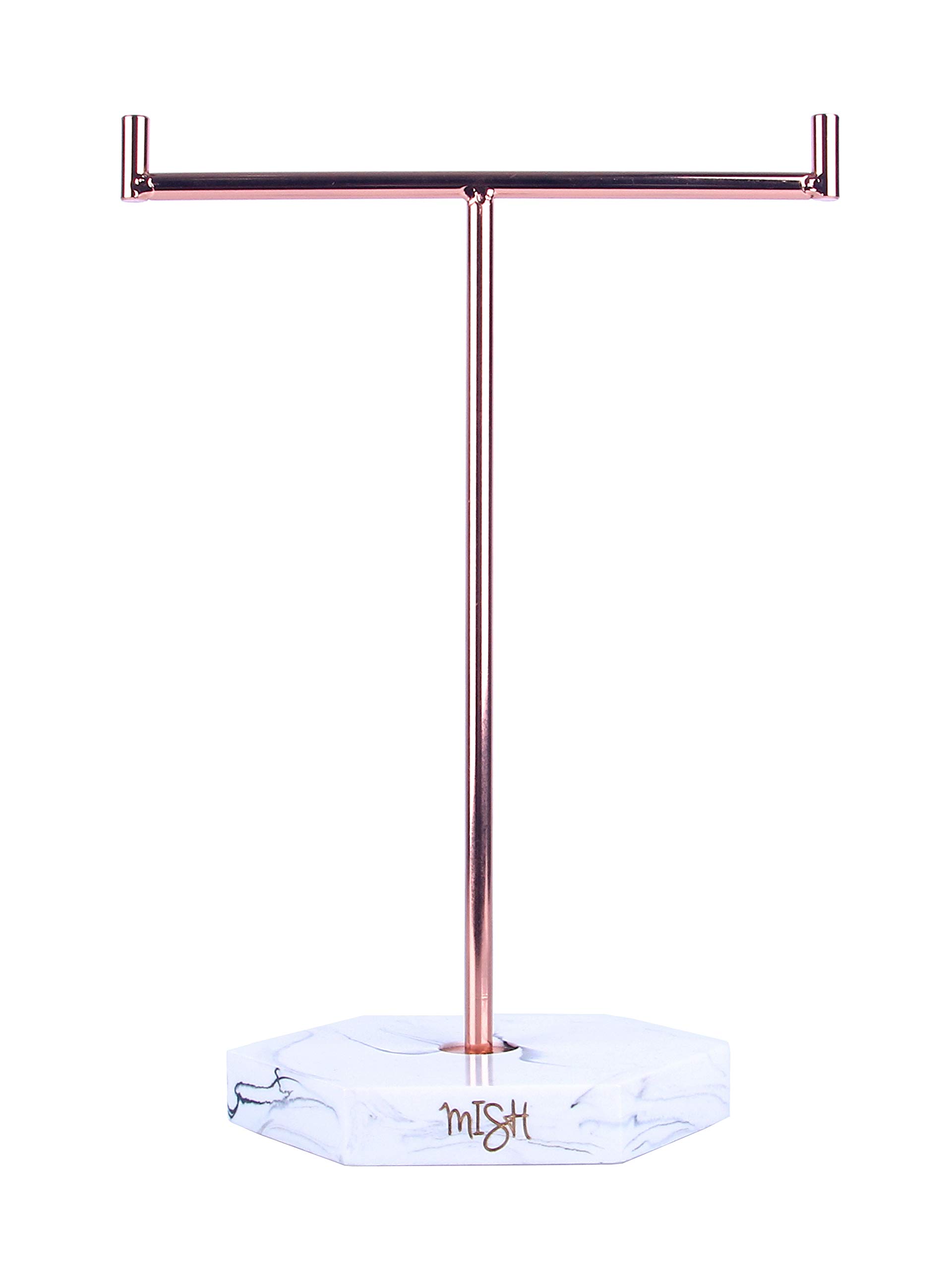 Mish Jewellery Tree Display Stand for Necklaces Watches Earrings Rings | Rose Gold Solid Marble Base T-Bar Metal Pendant Hanging Rack | Women Bridal Gifts Bracelet Holder Storage Organise