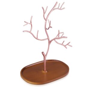 Navaris Metal Jewellery Tree Stand - Organiser Hanger Display Holder with Wooden Dish Base to Store Necklaces