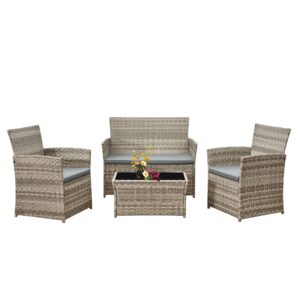 Aweather Rattan Garden Furniture Set Patio Conservatory Balcony Indoor Outdoor 4 Seater Piece Glass Top Coffee Table Modular Sofa Loveseat with Cushions