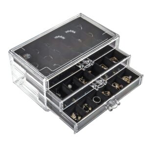 Nwvuop Acrylic Jewellery Boxes with 3 Drawers Jewelry Organiser Box Ring Earring Storage Organiser for Women and Girls Black