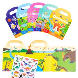 5 Pack Reusable Sticker Book - Childrens Books and Plane Activities for Kids - Toddler books and Travel Activity Packs for Kids - Dinosaur Sticker Book with Reusable Stickers