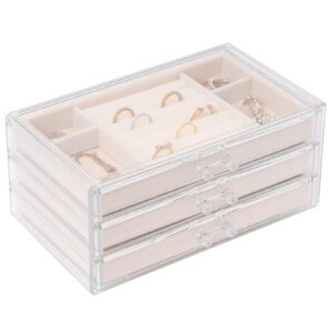 Sasha Morel Jewellery Box with 3 Storage Drawers | Earring Storage Organiser for Ring Bracelet Necklace Storage Box | Acrylic Display Case Gift Box | Jewellery Organiser Gifts for Women (Beige)