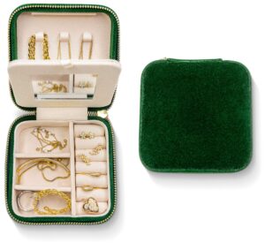 Plush Velvet Travel Jewelry Box Organizer | Travel Jewelry Organizer Box | Travel Jewelry Case | Small Jewelry Box for Women | Jewelry Travel Case | Earring Organizer Box with Mirror - Emerald Velve