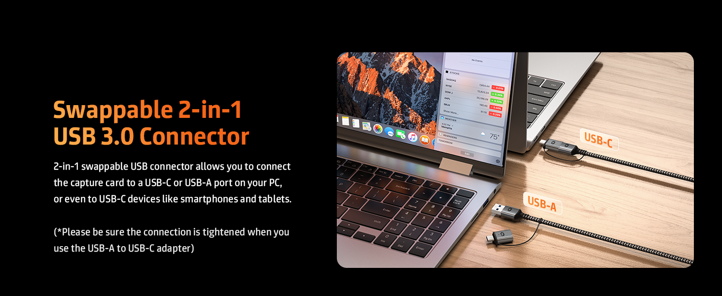 With additional USB A to USB C Adapter, you could capture your content on different device