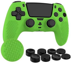MyGadget Silicone Skin Compatible with PS5 Controller - with 8 Thumbsticks (2 Pairs High / 2 Pairs Low) - Playstation 5 Dualsense Wireless Cover in Gree