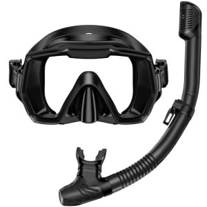 Snorkel Set Adults Snorkeling Gear Anti-Leak and Anti-Fog Tempered Glass Lens Panoramic View Swim Mask Dry Top Snorkel Kit for Snorkeling Scuba Diving Swimming Travel with Carry Bag