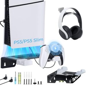 LYtech PS5/ PS5 Slim Wall Mount with Controller Charging Station PS5 Wall Mount Charging Bracket Set Metal Storage Shelves with 2 Detachable Headset Holder for PlayStation5/PS 5 Slim Disc & Digital