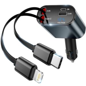 Car Charger Fast Charge 120W [USB C 100W+20W] Retractable Car Charger 4 in 1 USB C Car Charger Adapter PD&QC 3.0 Car Phone Charger Cigarette Lighter USB Charger for iPhone 15 14 Samsung Tablet Laptop
