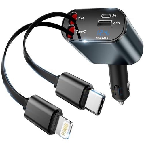 Car Charger Fast Charge 120W [USB C 100W+20W] Retractable Car Charger 4 in 1 USB C Car Charger Adapter PD&QC 3.0 Car Phone Charger Cigarette Lighter USB Charger for iPhone 15 14 Samsung Tablet Laptop