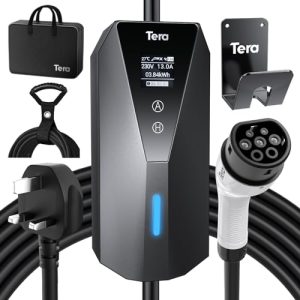 Tera EV Charger Portable Type 2: EV Wallbox for Outdoor Charging 7meter Charging Label 13A 3kW UK 3PIN Plug Adjustable Strom IP66 LCD Screen with Cable Holder Storage Bag P02 Black