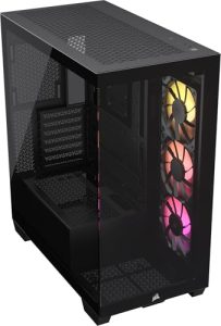CORSAIR 3500X ARGB Mid-Tower ATX PC Case – Panoramic Tempered Glass – Reverse Connection Motherboard Compatible – 3x CORSAIR RS120 ARGB Fans Included – Black