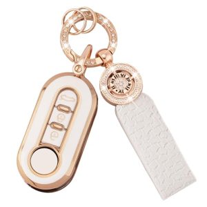 Koaudb Car Key Cover Compatible with Fiat 500 Brava Ducato Fiorino Panda Scudo Qubo Grande Punto 3 Buttons with Keychain Lanyard Soft TPU Key Fob Full Protection Case White with Gold (C-Fia)