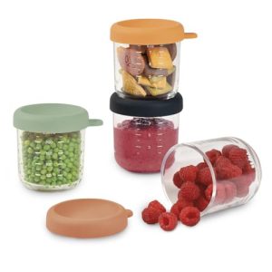 BEABA - Set of Baby Food Storage Containers - Weaning pots - Glass Conservation Jar - Colorful Lids - Graduation Measuring Scale - Heat and Freezer Shock Resitant - 4 x 250 ml - Sunrise
